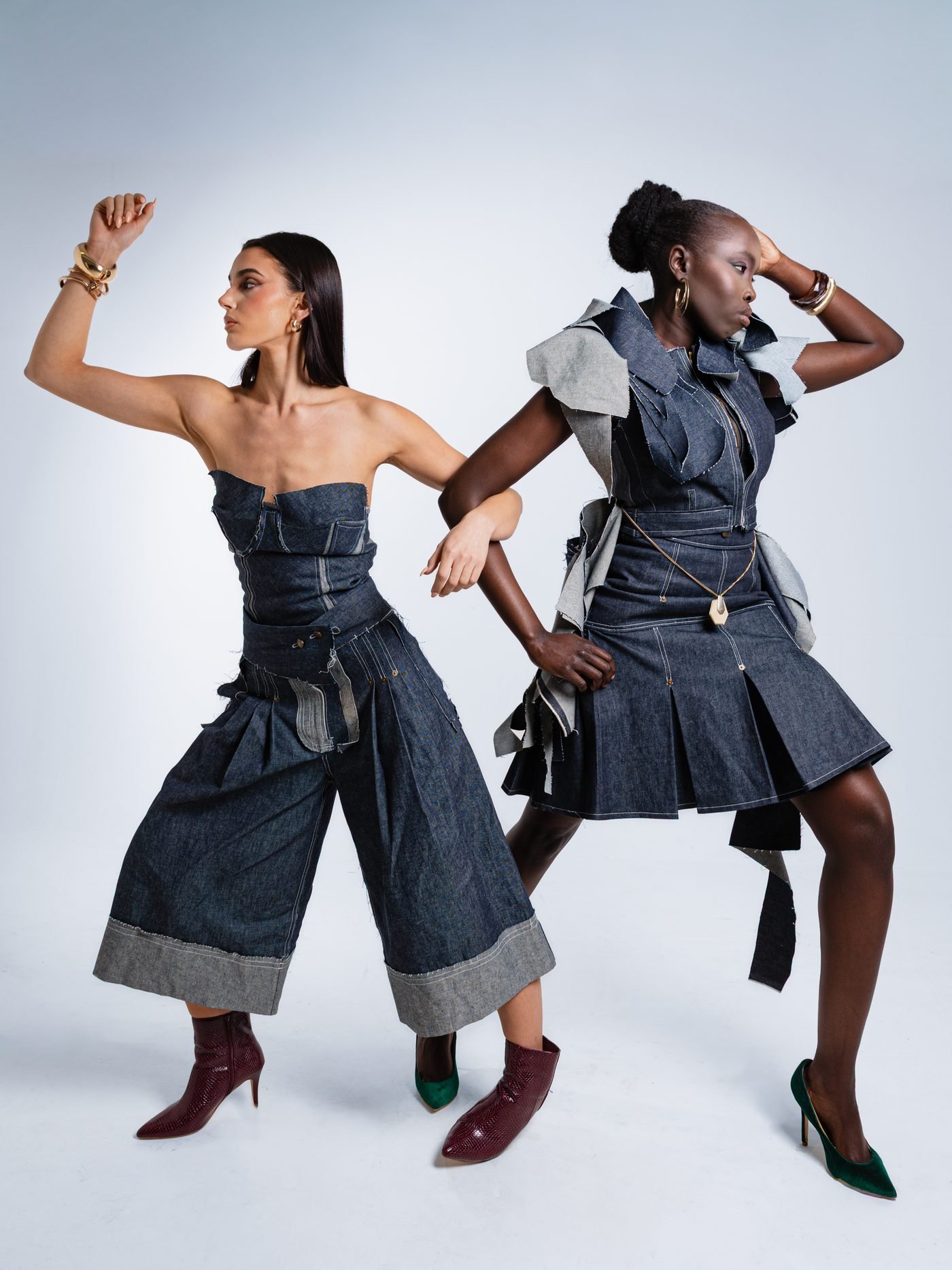 Editorial duo wearing Tanvir Mahidy denim looks
