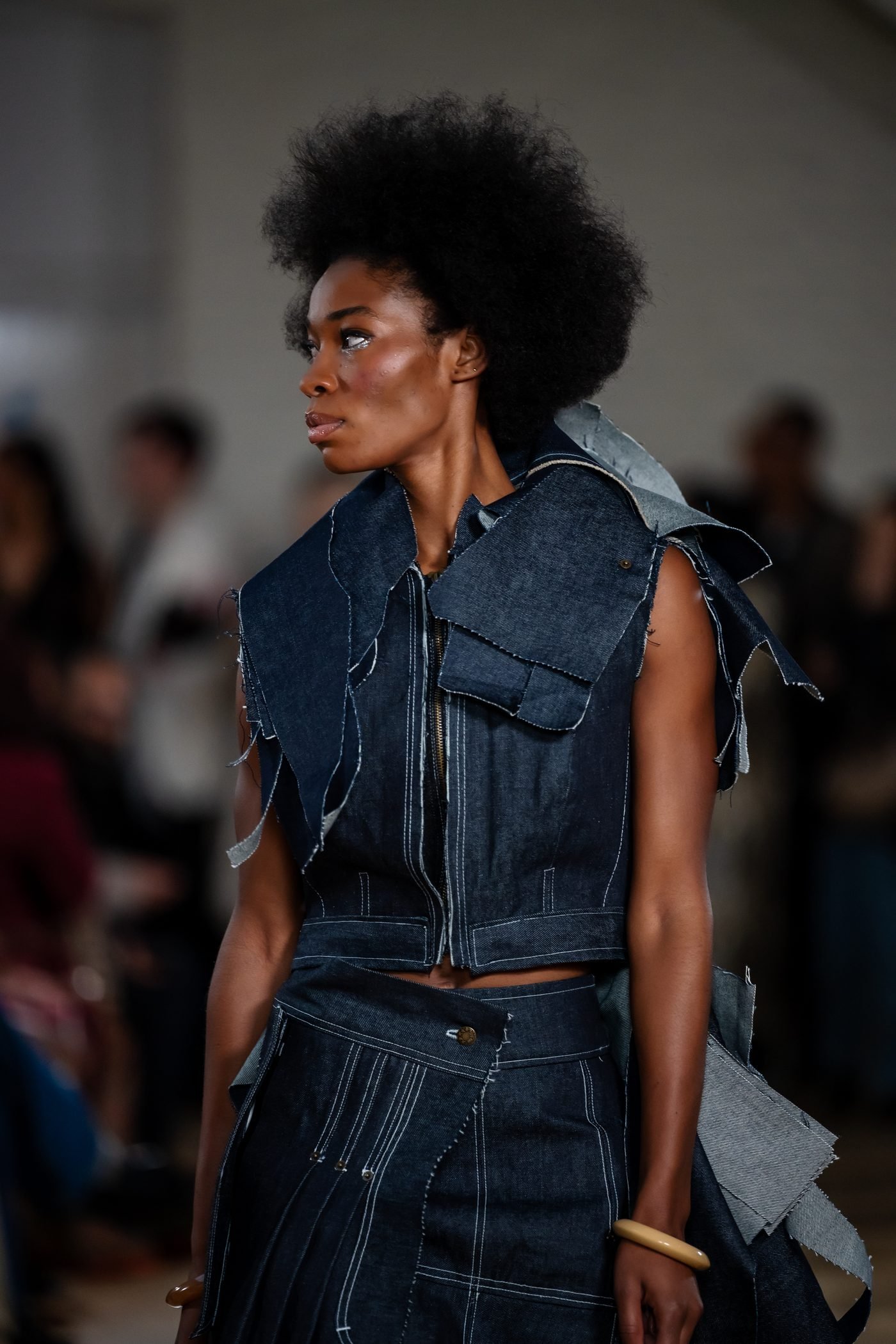 Runway profile of indigo denim look