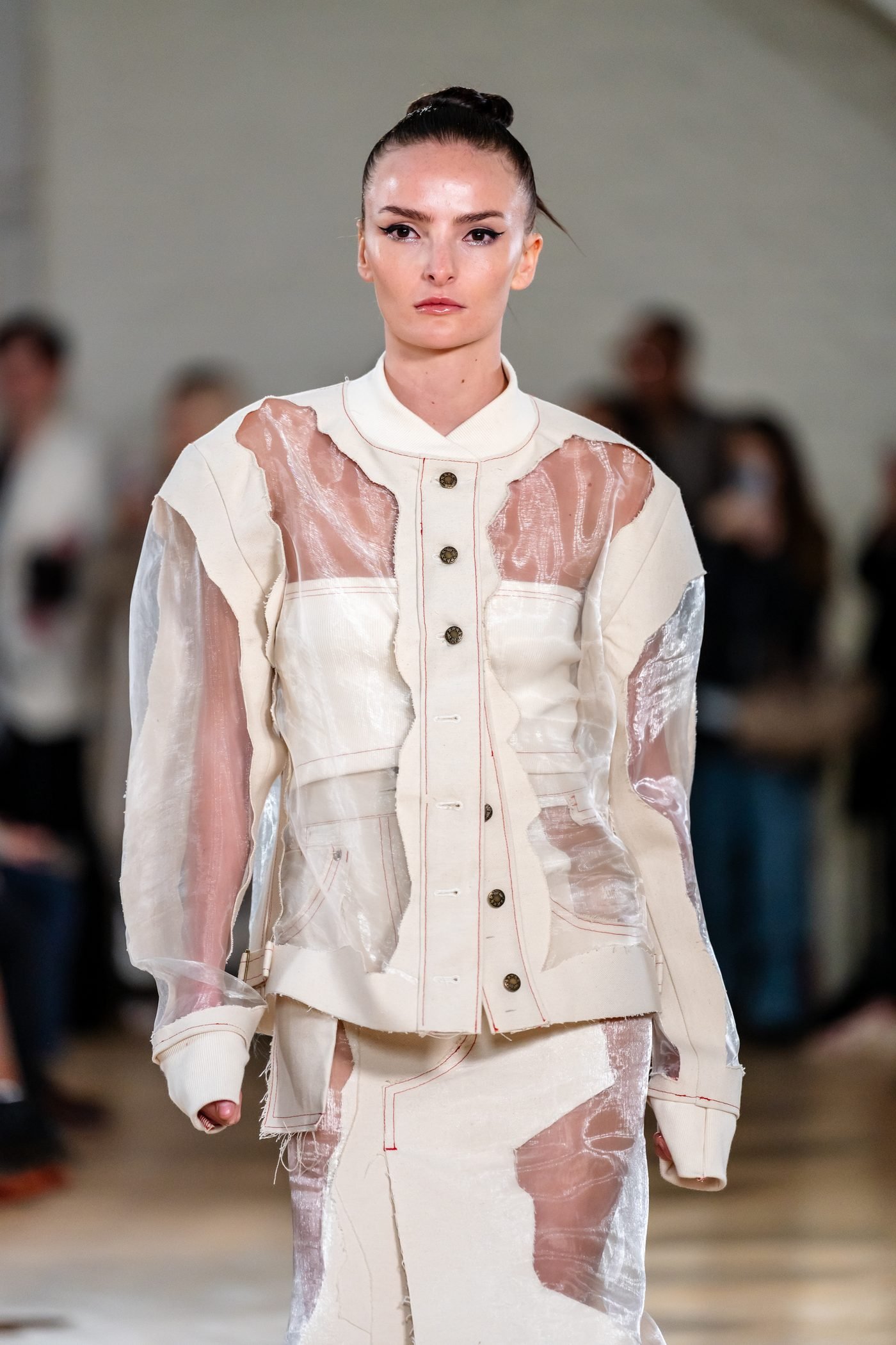 White organza and denim runway look